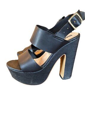 Black Leather Strappy Platform Sandal Sz 6.5/7 Reginna Rodriguez Festival Ready